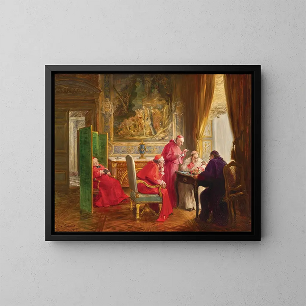 Cardinal playing chess - Henri Brispot — framed artwork on a wall