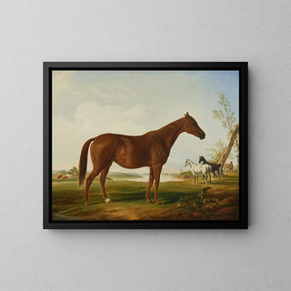 Mode in a landscape with horses in the distance - Henri Delattre — framed artwork on a wall