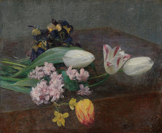 Jacinthes, tulips and pansies placed on a table - Henri Fantin-Latour — artwork view