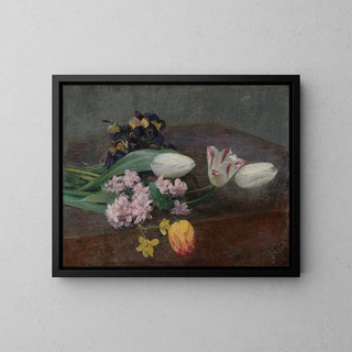 Jacinthes, tulips and pansies placed on a table - Henri Fantin-Latour — framed artwork on a wall