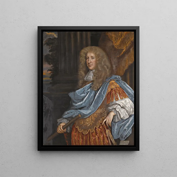 Portrait painting of Robert Bruce, 1st Earl of Ailesbury and 2nd Earl of Elgin 1626-1685, wearing a Roman armor - Henri Gascar — framed artwork on a wall