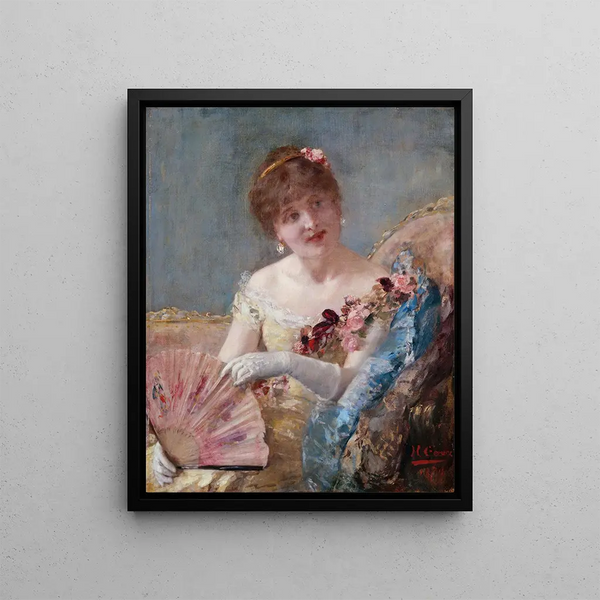 Woman with Fan: Portrait of Réjane - Henri Gervex — framed artwork on a wall