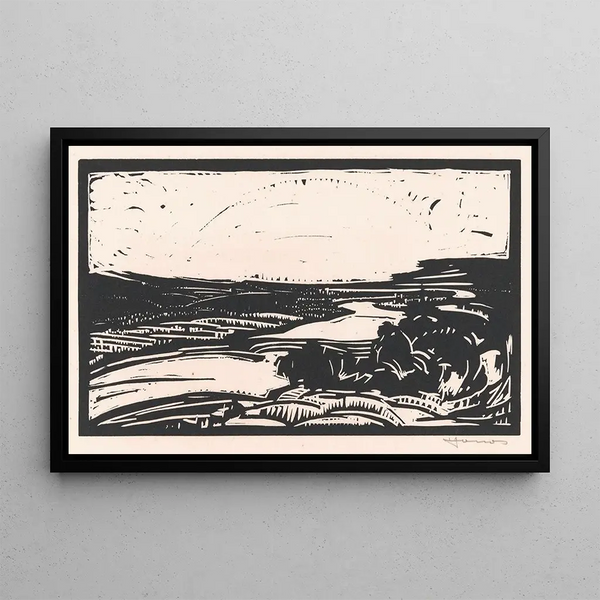 Landscape painting with winding river - Henri Jonas — framed artwork on a wall