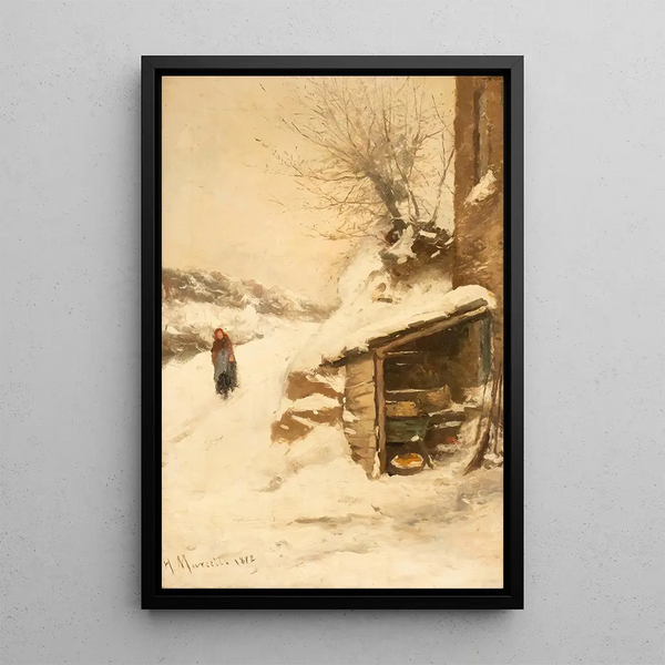 Paysanne dans un paysage enneigé - Henri Joseph Marcette — framed artwork on a wall