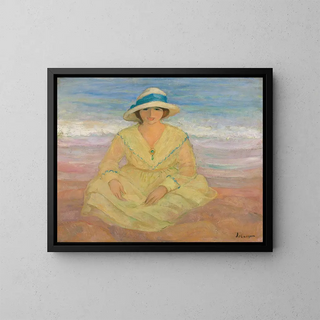 Young girl sitting on the beach - Henri Lebasque — framed artwork on a wall
