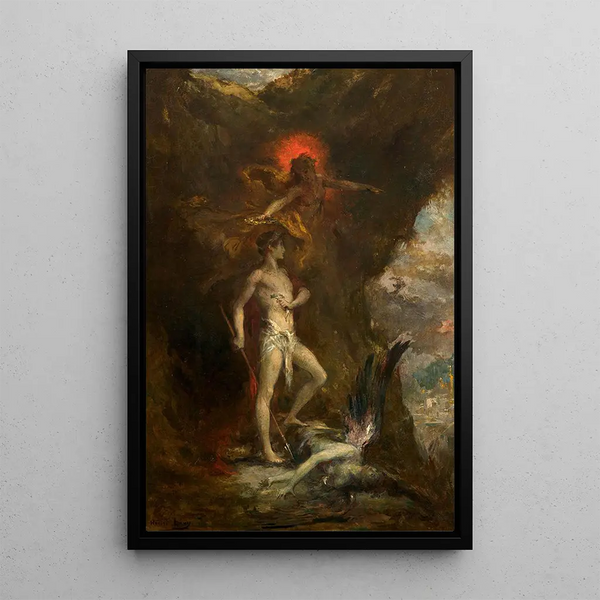 Oedipus Conquers the Sphinx - Henri Léopold Lévy — framed artwork on a wall