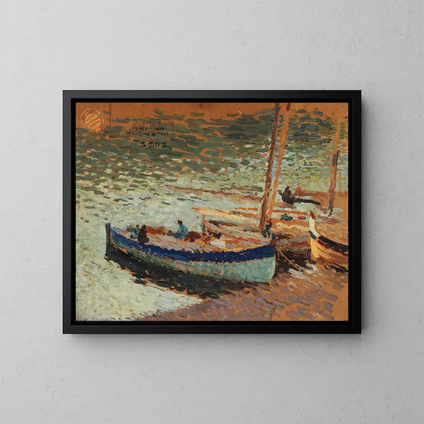 Bouquet of Bluebells and Boats at the Port - Henri Martin — framed artwork on a wall