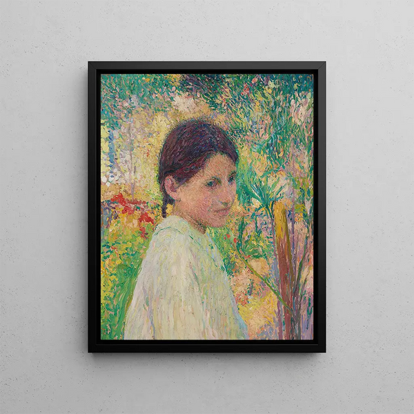 Bust of a young girl in three-quarters view against a garden background - Henri Martin — framed artwork on a wall