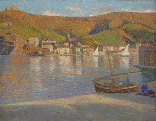 Five Fishermen and Their Boat Stranded on the Shore at Collioure - Henri Martin — artwork view