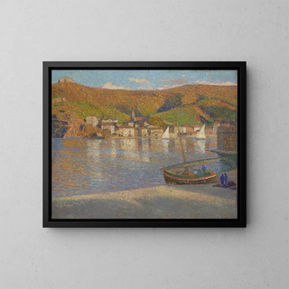 Five Fishermen and Their Boat Stranded on the Shore at Collioure - Henri Martin — framed artwork on a wall