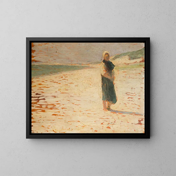 Woman in traditional costume standing on a beach - Henri Martin — framed artwork on a wall