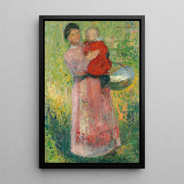 a woman holding a child in her arms in red - Henri Martin — framed artwork on a wall