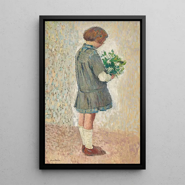 Little girl in a schoolgirl apron holding a bouquet - Henri Martin — framed artwork on a wall