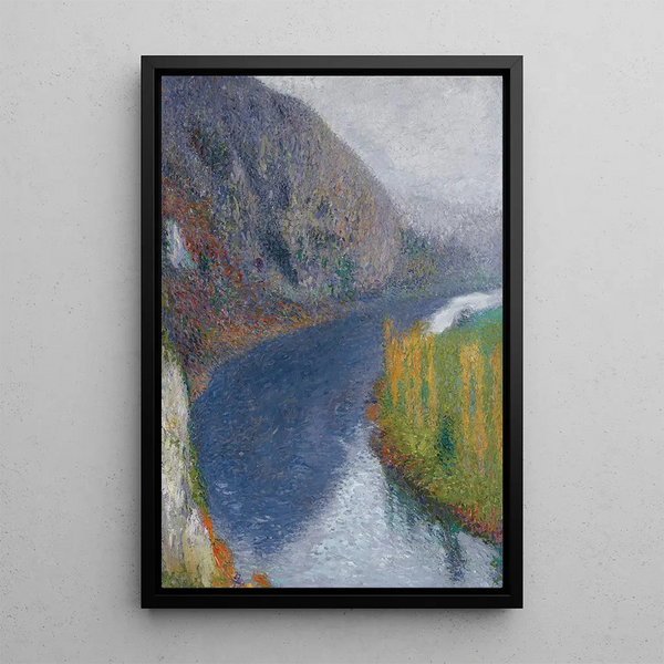 The Lot at the foot of the cliffs of Saint-Cirq-Lapopie - Henri Martin — framed artwork on a wall