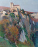 the Church of Saint-Cirq-Lapopie perched on the cliff of the Lot loop under a blue sky - Henri Martin — artwork view