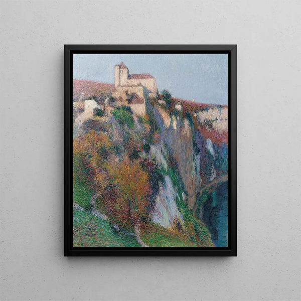 the Church of Saint-Cirq-Lapopie perched on the cliff of the Lot loop under a blue sky - Henri Martin — framed artwork on a wall