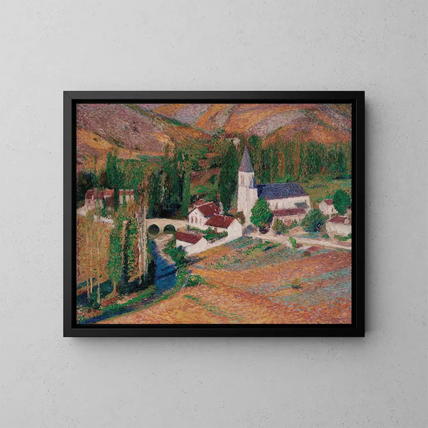 L'église de Labastide-du-Vert avec le pont et la rivière un soir d'automne - Henri Martin — framed artwork on a wall
