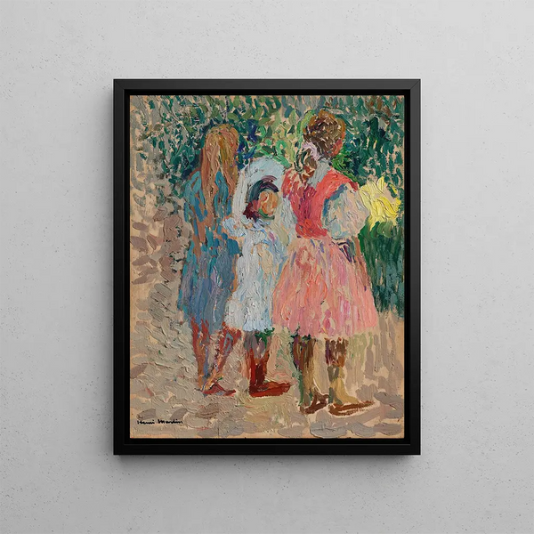 Three Little Girls in the Garden on a Summer Morning - Henri Martin — framed artwork on a wall