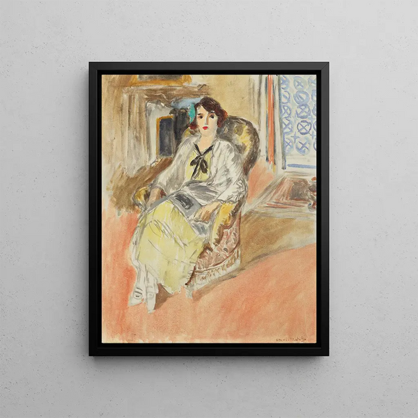 Young girl sitting in a yellow dress - Henri Matisse — framed artwork on a wall