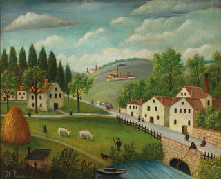 Landscape painting with stream, fisherman, and walkers - Henri Rousseau — artwork view