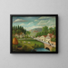 Landscape painting with stream, fisherman, and walkers - Henri Rousseau — framed artwork on a wall