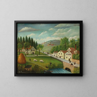 Landscape painting with stream, fisherman, and walkers - Henri Rousseau — framed artwork on a wall