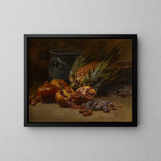 Still life with pomegranates and a pineapple - Henri Saintin — framed artwork on a wall