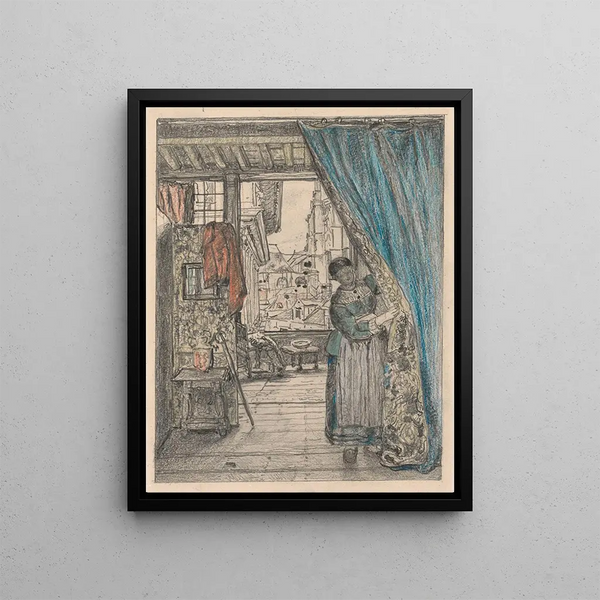 The Woman with Curtain - Henri de Braekeleer — framed artwork on a wall
