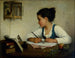 a girl writing the goldfinch - Henriette Browne — artwork view