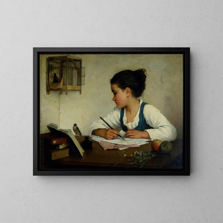 a girl writing the goldfinch - Henriette Browne — framed artwork on a wall
