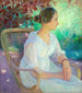 Exterior garden painting with a woman sitting in a light dress - Henrik Schouboe — artwork view
