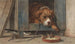 Chat espionnant des oiseaux près d'un chien endormi - Henriette Ronner-Knip — artwork view