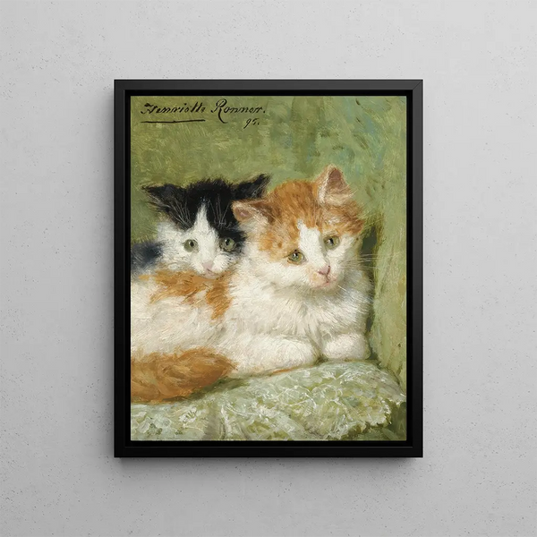 Two kittens sitting on a cushion - Henriette Ronner-Knip — framed artwork on a wall