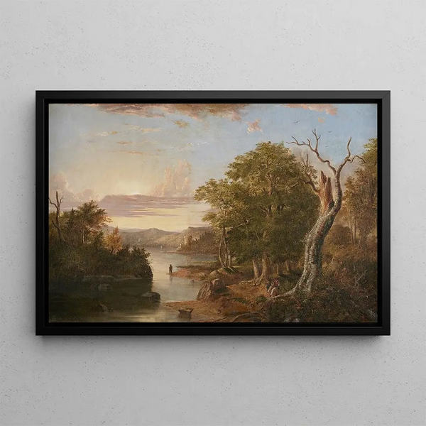 Extended landscape painting along the Hudson River with a castle in the distance - Henry Ary — framed artwork on a wall