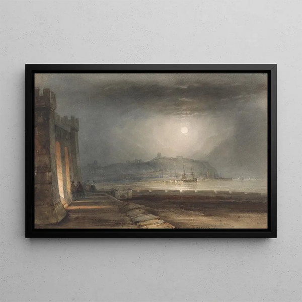 Port of Scarborough Yorkshire in moonlight - Henry Barlow Carter — framed artwork on a wall