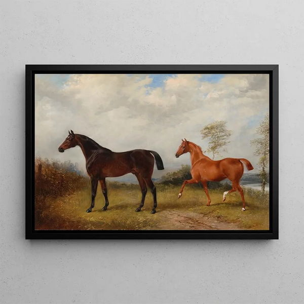 A fair-skinned and a chestnut hunter in a wooded landscape - Henry Barraud — framed artwork on a wall