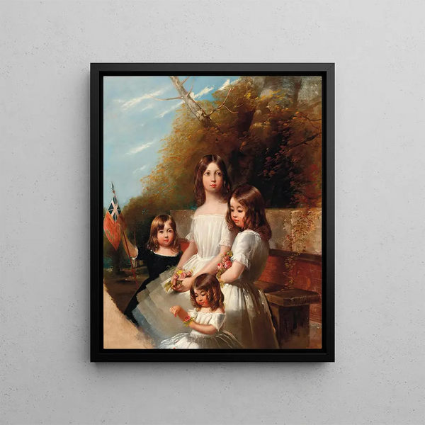 Portrait of a group of four children in a landscape - Henry Barraud — framed artwork on a wall