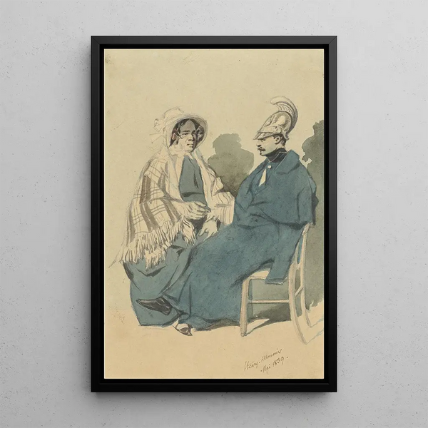 Cuirassier with helmet and blue coat sitting next to an old lady in travel attire - Henry Bonaventure Monnier — framed artwork on a wall