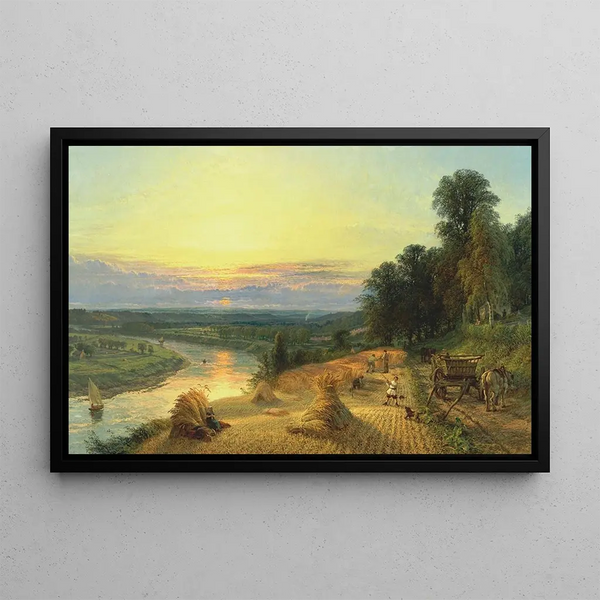 the Ribble near Preston, harvest season - Henry Dawson — framed artwork on a wall