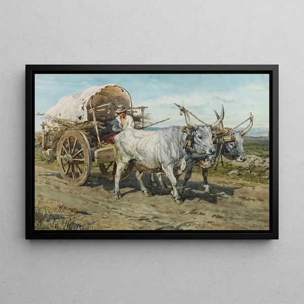 Bœufs transportant du foin - Henry Enrico Coleman — framed artwork on a wall