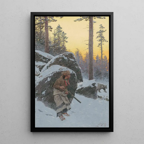 The Indian Bear Hunter - Henry Farny — framed artwork on a wall