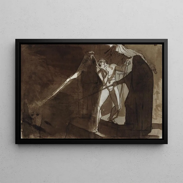 Macbeth and the Three Witches Illustration for Macbeth by Shakespeare IV1 - Henry Fuseli — framed artwork on a wall