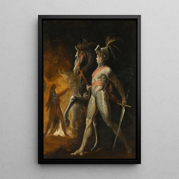 The meeting of Sir Hon de Bordeaux and Scherasmin in the Lebanon cave by Oberon of Wieland - Henry Fuseli — framed artwork on a wall