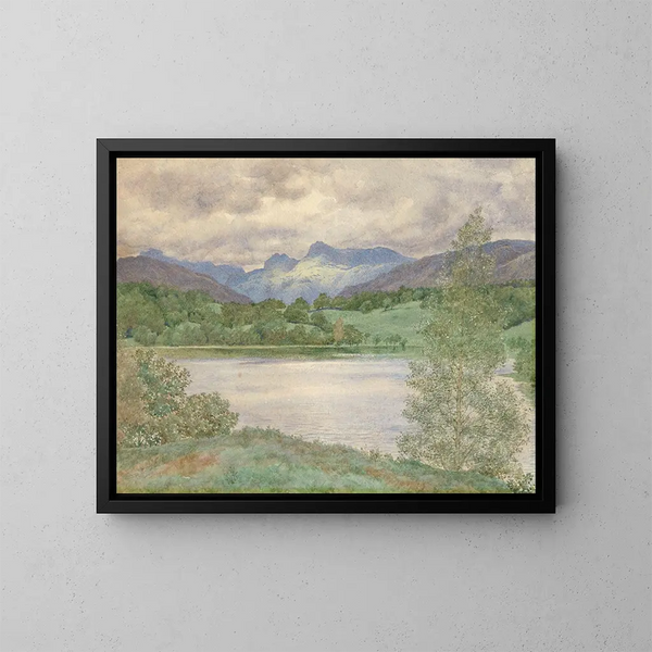 Loughrigg Tarn and the Langdale Pikes, Westmorland - Henry James Holiday — framed artwork on a wall