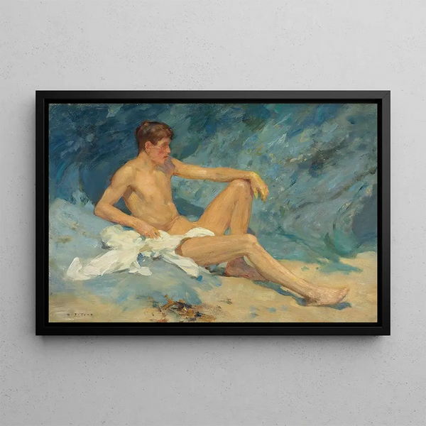 an elongated male nude on rocks - Henry Scott Tuke — framed artwork on a wall