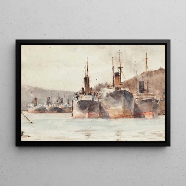 Ships moored near the King Harry ferry on the Fal River - Henry Scott Tuke — framed artwork on a wall