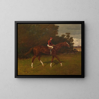 Charles Edward painting belonging to William H. Dubois with the jockey in the saddle - Henry Stull — framed artwork on a wall