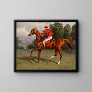 Horse race brown, maybe Chaos, winner of the Second Futurity Stakes with jockey in saddle - Henry Stull — framed artwork on a wall