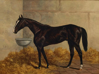 a black racehorse in a stable - Henry Stull — artwork view