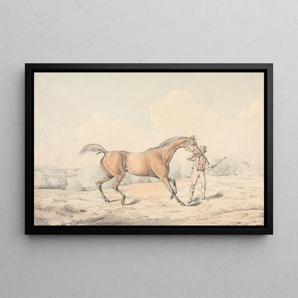 A stable hand leading a bay horse - Henry Thomas Alken — framed artwork on a wall